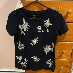 Talbots Navy Floral Embroidered Short Sleeve Top